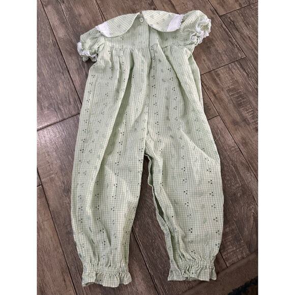 Vintage Rose Cottage Kid's Green gingham one Piece eyelet Romper Size 18M - Picture 2 of 11